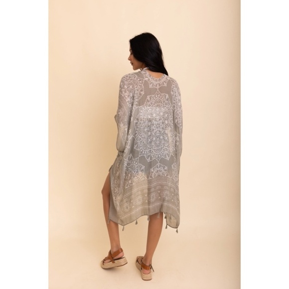 Olive Gray Mandala Printed Tassel Open Kimono Coverup Casual Wrap One Size - Picture 4 of 4